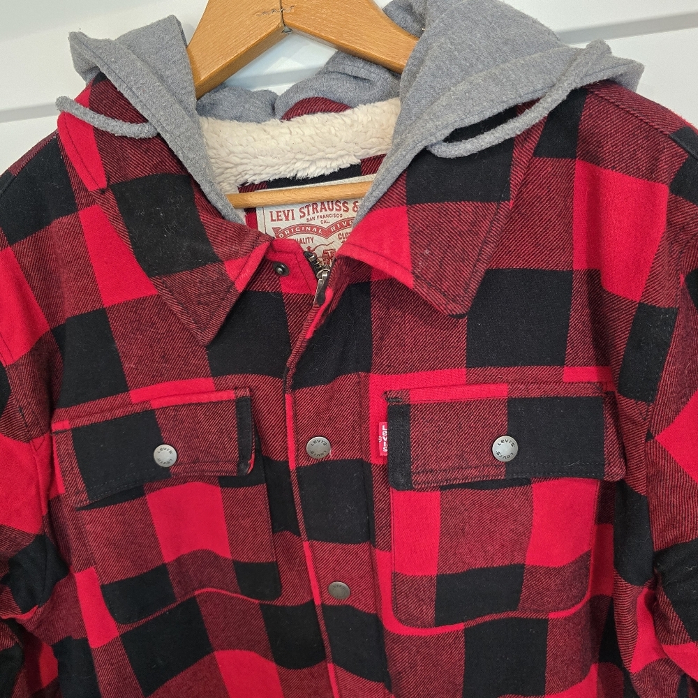 Levi Strauss Hooded Sherpa Jacket Buffalo Plaid Red Shirt Outdoorsman Barn Coat
